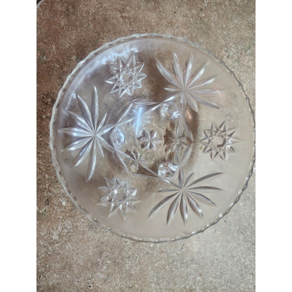 Vintage Candy Nut Bowl Clear Pressed Glass 3 Foot Starburst Sawtooth Rim